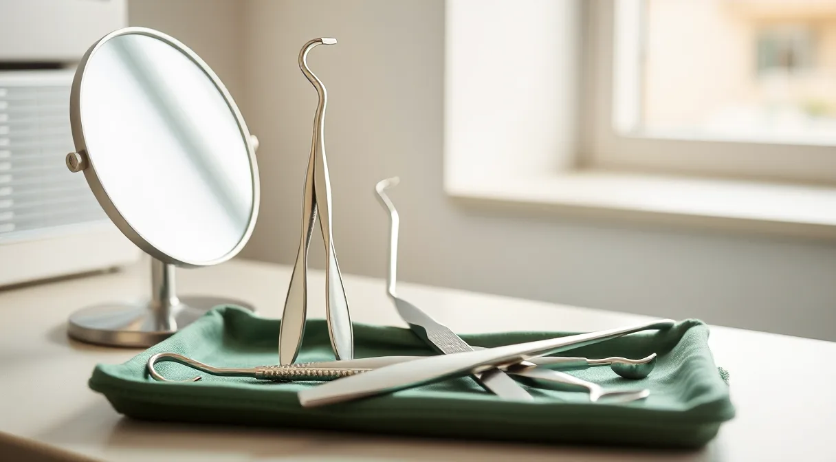 Instrumentos odontológicos organizados sobre um pano verde