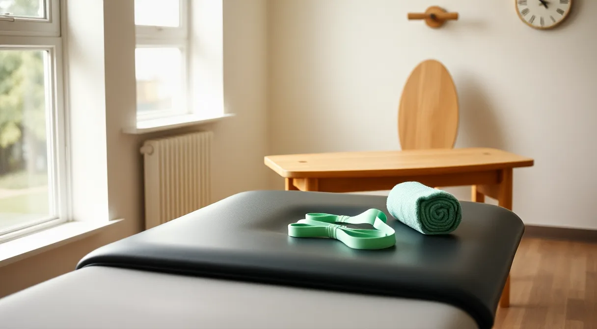 Sala de fisioterapia com maca, toalha enrolada e faixas elásticas